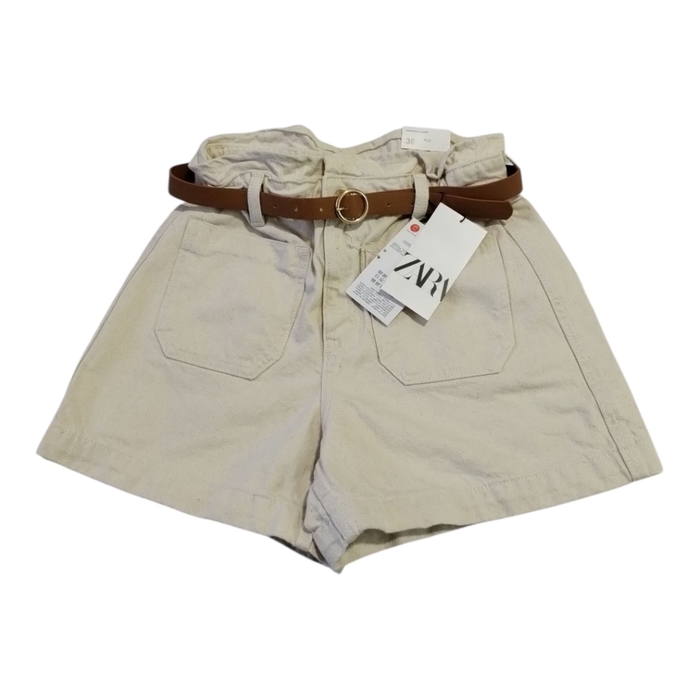 Zara Belted Paper Bag Shorts Women's 4 High Rise Rigid Front Pockets Denim